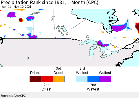 Canada Precipitation Rank since 1981, 1-Month (CPC) Thematic Map For 4/11/2024 - 5/10/2024