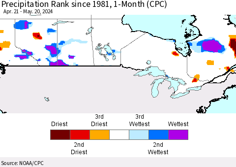 Canada Precipitation Rank since 1981, 1-Month (CPC) Thematic Map For 4/21/2024 - 5/20/2024