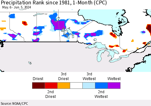 Canada Precipitation Rank since 1981, 1-Month (CPC) Thematic Map For 5/6/2024 - 6/5/2024