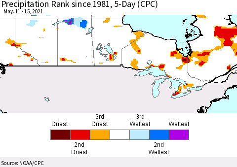 Canada Precipitation Rank since 1981, 5-Day (CPC) Thematic Map For 5/11/2021 - 5/15/2021