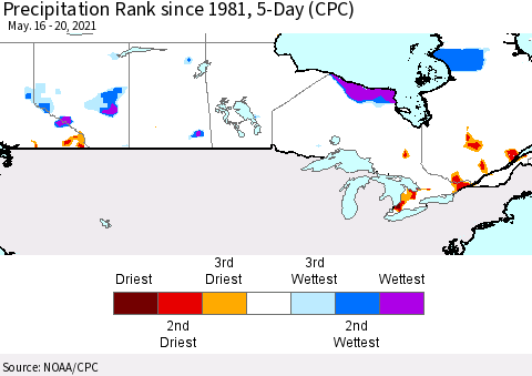 Canada Precipitation Rank since 1981, 5-Day (CPC) Thematic Map For 5/16/2021 - 5/20/2021