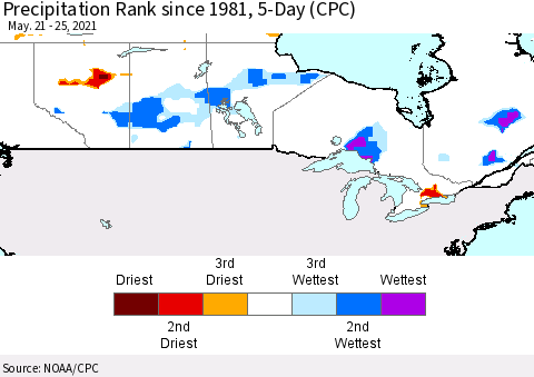 Canada Precipitation Rank since 1981, 5-Day (CPC) Thematic Map For 5/21/2021 - 5/25/2021