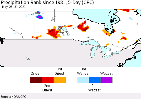 Canada Precipitation Rank since 1981, 5-Day (CPC) Thematic Map For 5/26/2021 - 5/31/2021