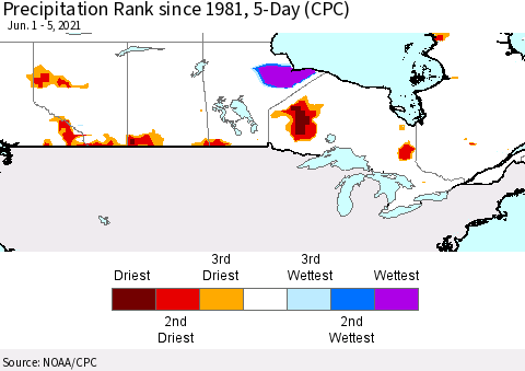 Canada Precipitation Rank since 1981, 5-Day (CPC) Thematic Map For 6/1/2021 - 6/5/2021