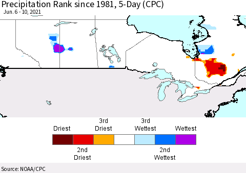 Canada Precipitation Rank since 1981, 5-Day (CPC) Thematic Map For 6/6/2021 - 6/10/2021