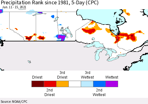 Canada Precipitation Rank since 1981, 5-Day (CPC) Thematic Map For 6/11/2021 - 6/15/2021