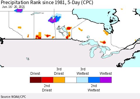 Canada Precipitation Rank since 1981, 5-Day (CPC) Thematic Map For 6/16/2021 - 6/20/2021