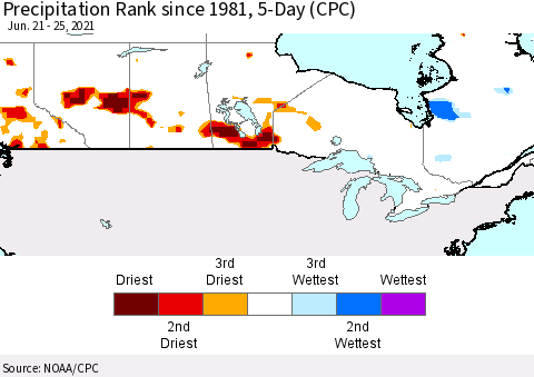 Canada Precipitation Rank since 1981, 5-Day (CPC) Thematic Map For 6/21/2021 - 6/25/2021