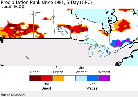 Canada Precipitation Rank since 1981, 5-Day (CPC) Thematic Map For 6/26/2021 - 6/30/2021