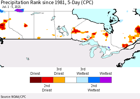 Canada Precipitation Rank since 1981, 5-Day (CPC) Thematic Map For 7/1/2021 - 7/5/2021