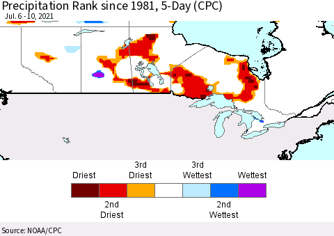 Canada Precipitation Rank since 1981, 5-Day (CPC) Thematic Map For 7/6/2021 - 7/10/2021