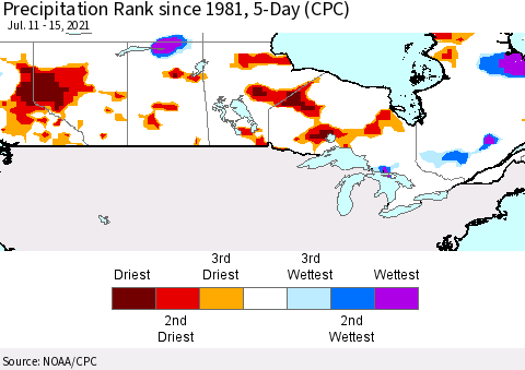 Canada Precipitation Rank since 1981, 5-Day (CPC) Thematic Map For 7/11/2021 - 7/15/2021