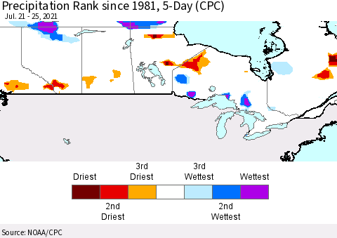 Canada Precipitation Rank since 1981, 5-Day (CPC) Thematic Map For 7/21/2021 - 7/25/2021
