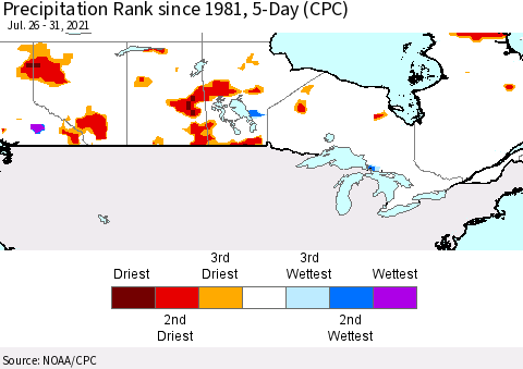 Canada Precipitation Rank since 1981, 5-Day (CPC) Thematic Map For 7/26/2021 - 7/31/2021