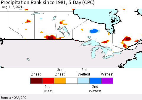 Canada Precipitation Rank since 1981, 5-Day (CPC) Thematic Map For 8/1/2021 - 8/5/2021