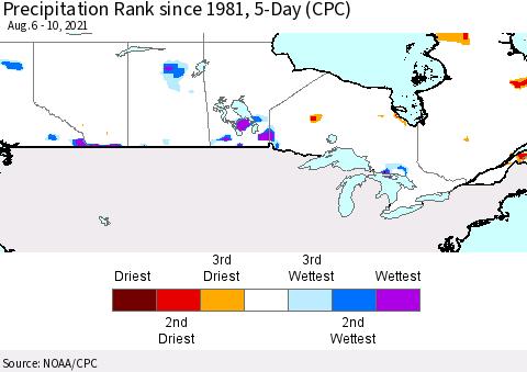 Canada Precipitation Rank since 1981, 5-Day (CPC) Thematic Map For 8/6/2021 - 8/10/2021