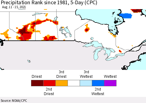 Canada Precipitation Rank since 1981, 5-Day (CPC) Thematic Map For 8/11/2021 - 8/15/2021