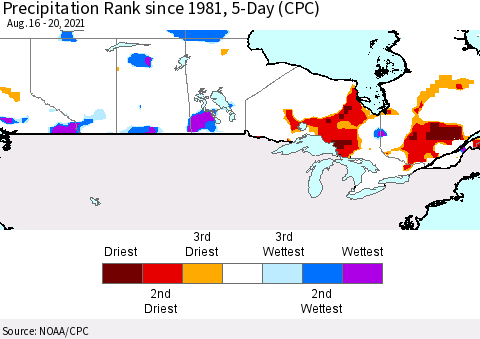 Canada Precipitation Rank since 1981, 5-Day (CPC) Thematic Map For 8/16/2021 - 8/20/2021
