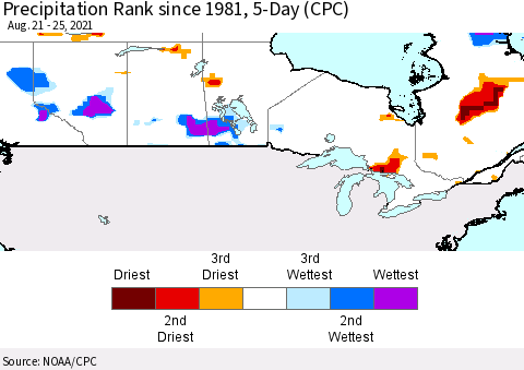 Canada Precipitation Rank since 1981, 5-Day (CPC) Thematic Map For 8/21/2021 - 8/25/2021