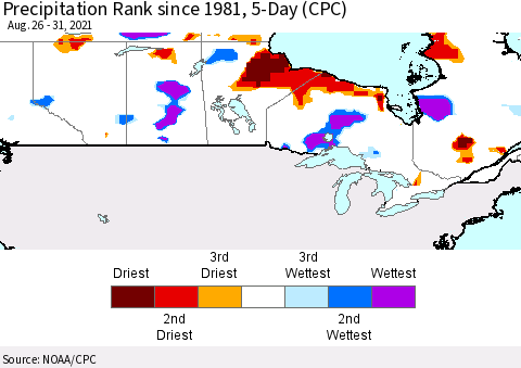 Canada Precipitation Rank since 1981, 5-Day (CPC) Thematic Map For 8/26/2021 - 8/31/2021