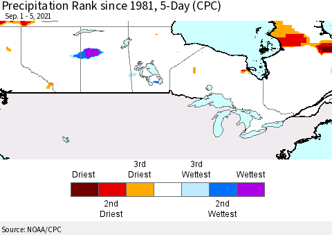 Canada Precipitation Rank since 1981, 5-Day (CPC) Thematic Map For 9/1/2021 - 9/5/2021