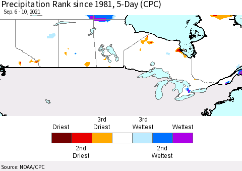 Canada Precipitation Rank since 1981, 5-Day (CPC) Thematic Map For 9/6/2021 - 9/10/2021