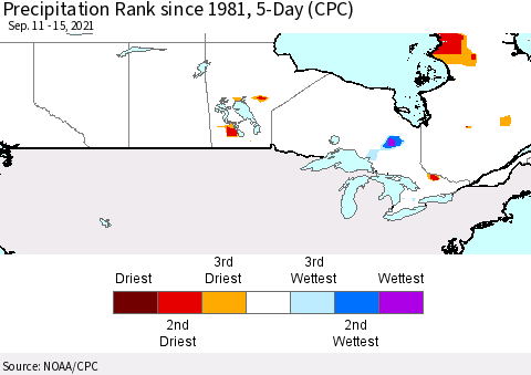 Canada Precipitation Rank since 1981, 5-Day (CPC) Thematic Map For 9/11/2021 - 9/15/2021