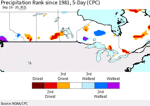Canada Precipitation Rank since 1981, 5-Day (CPC) Thematic Map For 9/16/2021 - 9/20/2021