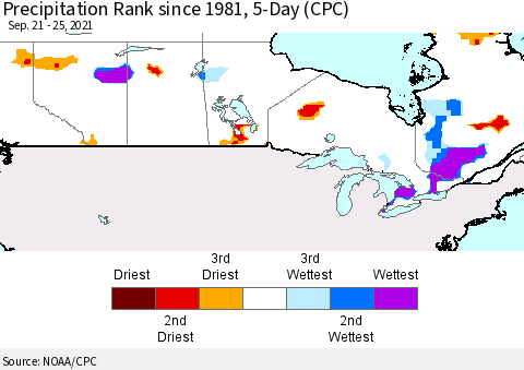 Canada Precipitation Rank since 1981, 5-Day (CPC) Thematic Map For 9/21/2021 - 9/25/2021