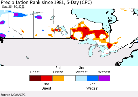 Canada Precipitation Rank since 1981, 5-Day (CPC) Thematic Map For 9/26/2021 - 9/30/2021