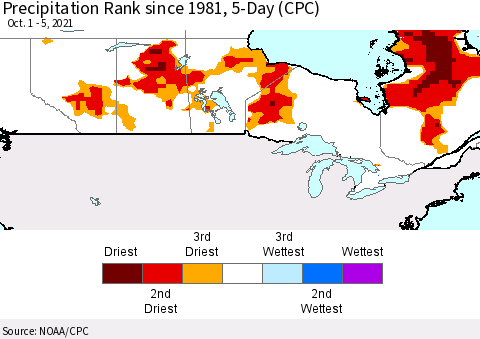 Canada Precipitation Rank since 1981, 5-Day (CPC) Thematic Map For 10/1/2021 - 10/5/2021