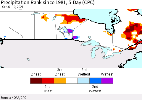 Canada Precipitation Rank since 1981, 5-Day (CPC) Thematic Map For 10/6/2021 - 10/10/2021