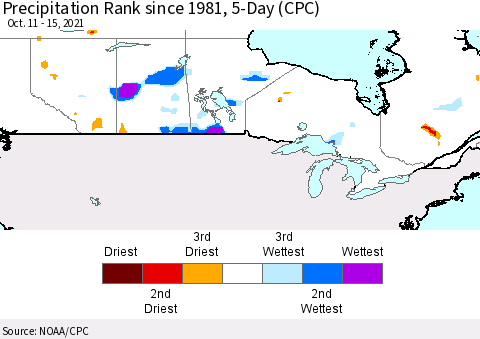 Canada Precipitation Rank since 1981, 5-Day (CPC) Thematic Map For 10/11/2021 - 10/15/2021