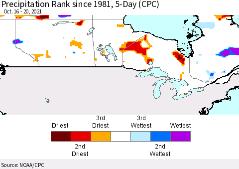 Canada Precipitation Rank since 1981, 5-Day (CPC) Thematic Map For 10/16/2021 - 10/20/2021