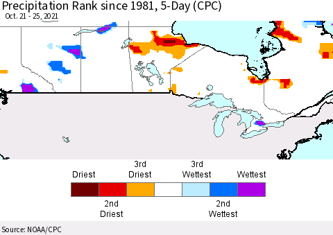 Canada Precipitation Rank since 1981, 5-Day (CPC) Thematic Map For 10/21/2021 - 10/25/2021