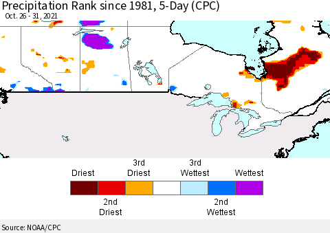 Canada Precipitation Rank since 1981, 5-Day (CPC) Thematic Map For 10/26/2021 - 10/31/2021