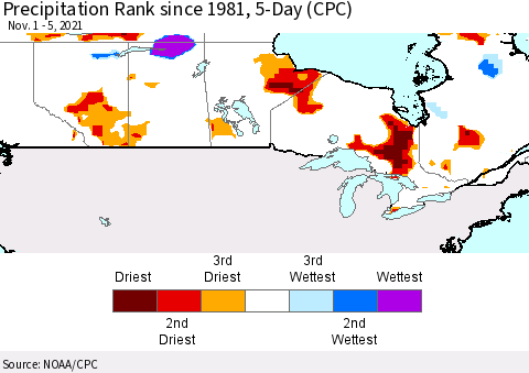 Canada Precipitation Rank since 1981, 5-Day (CPC) Thematic Map For 11/1/2021 - 11/5/2021