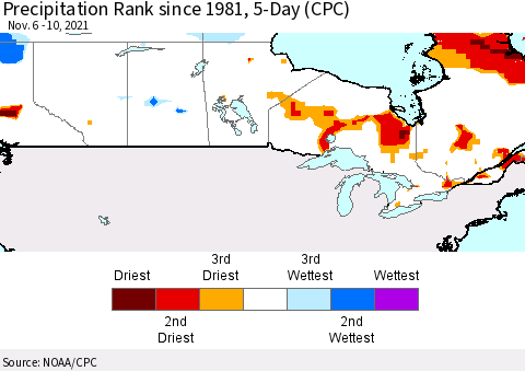 Canada Precipitation Rank since 1981, 5-Day (CPC) Thematic Map For 11/6/2021 - 11/10/2021