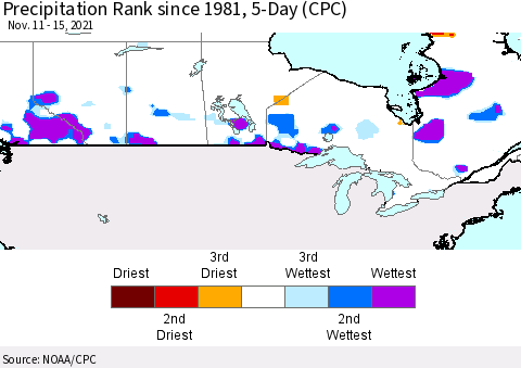 Canada Precipitation Rank since 1981, 5-Day (CPC) Thematic Map For 11/11/2021 - 11/15/2021