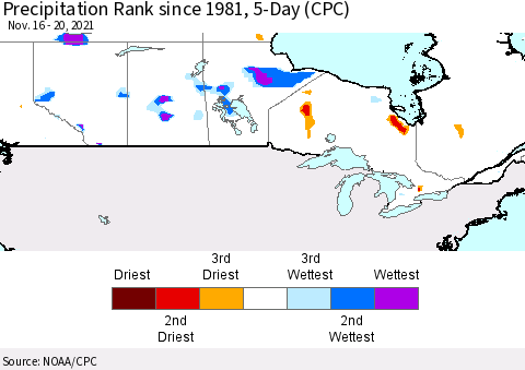 Canada Precipitation Rank since 1981, 5-Day (CPC) Thematic Map For 11/16/2021 - 11/20/2021