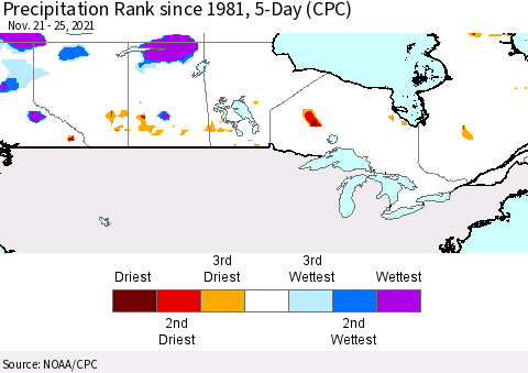Canada Precipitation Rank since 1981, 5-Day (CPC) Thematic Map For 11/21/2021 - 11/25/2021