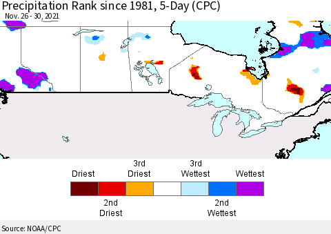 Canada Precipitation Rank since 1981, 5-Day (CPC) Thematic Map For 11/26/2021 - 11/30/2021