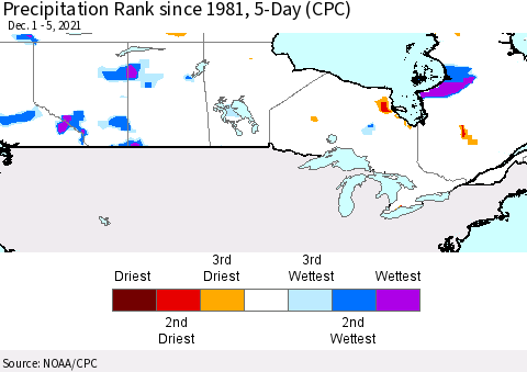 Canada Precipitation Rank since 1981, 5-Day (CPC) Thematic Map For 12/1/2021 - 12/5/2021