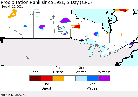 Canada Precipitation Rank since 1981, 5-Day (CPC) Thematic Map For 12/6/2021 - 12/10/2021