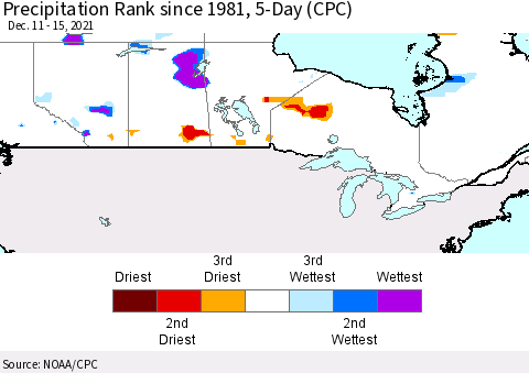 Canada Precipitation Rank since 1981, 5-Day (CPC) Thematic Map For 12/11/2021 - 12/15/2021