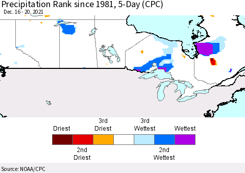 Canada Precipitation Rank since 1981, 5-Day (CPC) Thematic Map For 12/16/2021 - 12/20/2021