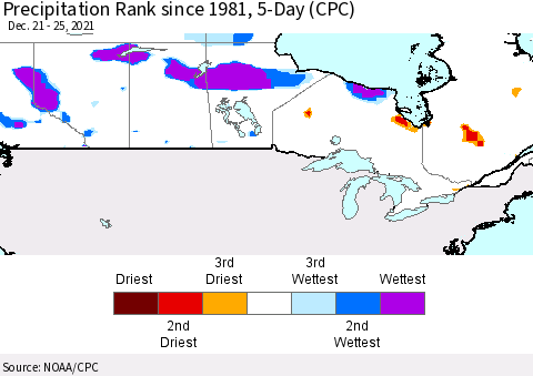 Canada Precipitation Rank since 1981, 5-Day (CPC) Thematic Map For 12/21/2021 - 12/25/2021