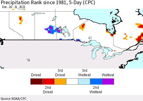 Canada Precipitation Rank since 1981, 5-Day (CPC) Thematic Map For 12/26/2021 - 12/31/2021