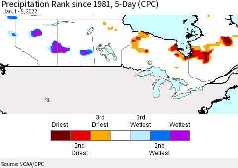 Canada Precipitation Rank since 1981, 5-Day (CPC) Thematic Map For 1/1/2022 - 1/5/2022