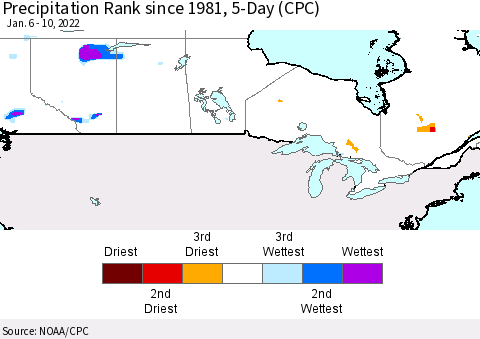 Canada Precipitation Rank since 1981, 5-Day (CPC) Thematic Map For 1/6/2022 - 1/10/2022